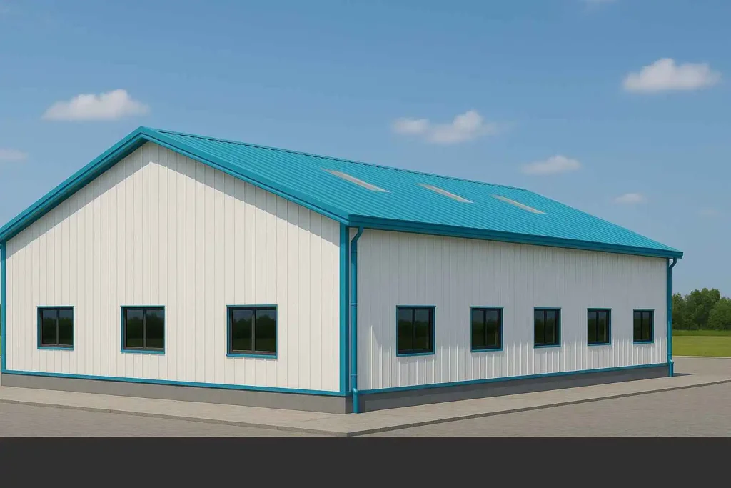 Pre-engineered commercial building with turquoise roof