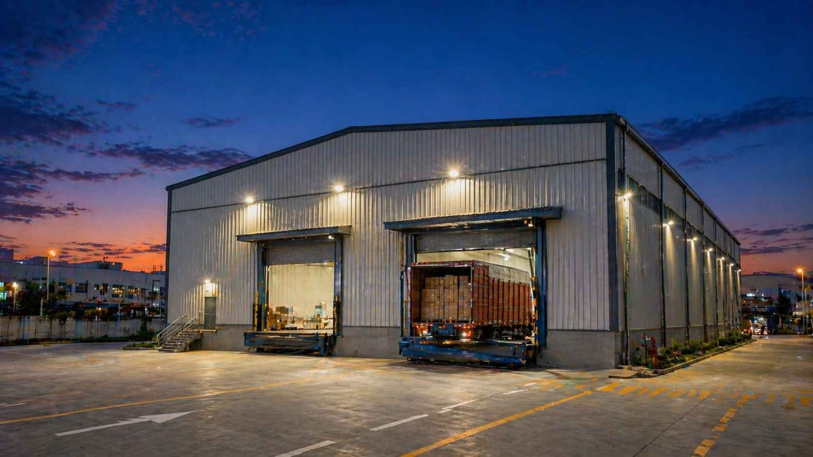 industrial shed completed dusk India warehouse loading bay operational factory