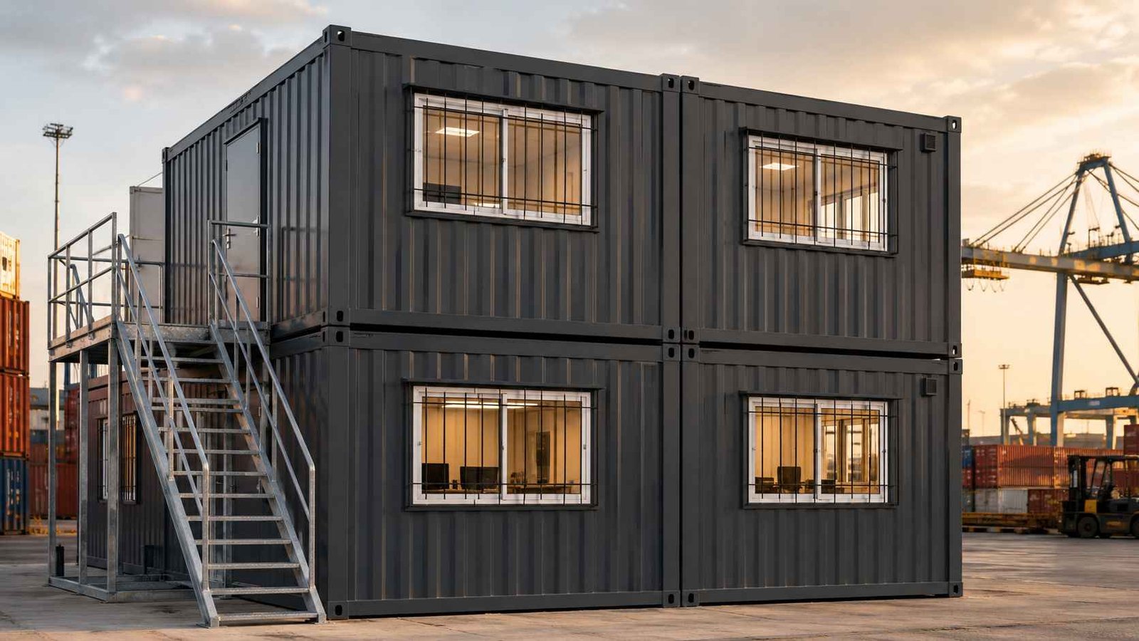 Two-level mobile office container site administration setup