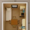 Top view of a 10×20 ft luxury container house showing bed, center dining table, and straight kitchenette.