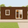 Front view of a brown luxury container house with large sliding glass doors and a white-frame window.
