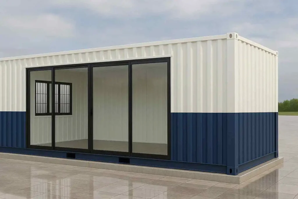 White and blue two-tone prefabricated office with glass doors.