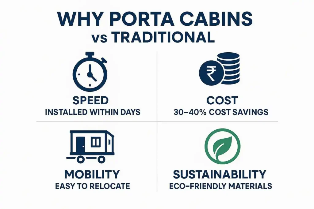Comparison of prefabricated cabins vs traditional construction showing speed, cost, mobility, sustainability