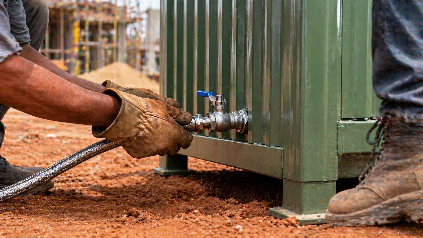 portable toilet water connection mains inlet India construction site installation