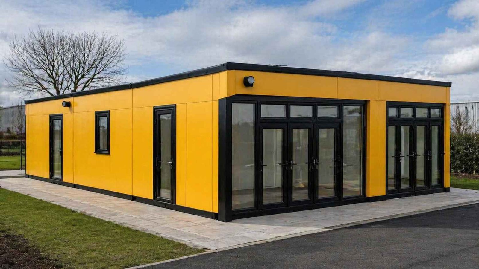 Yellow prefab commercial building with black glass facade