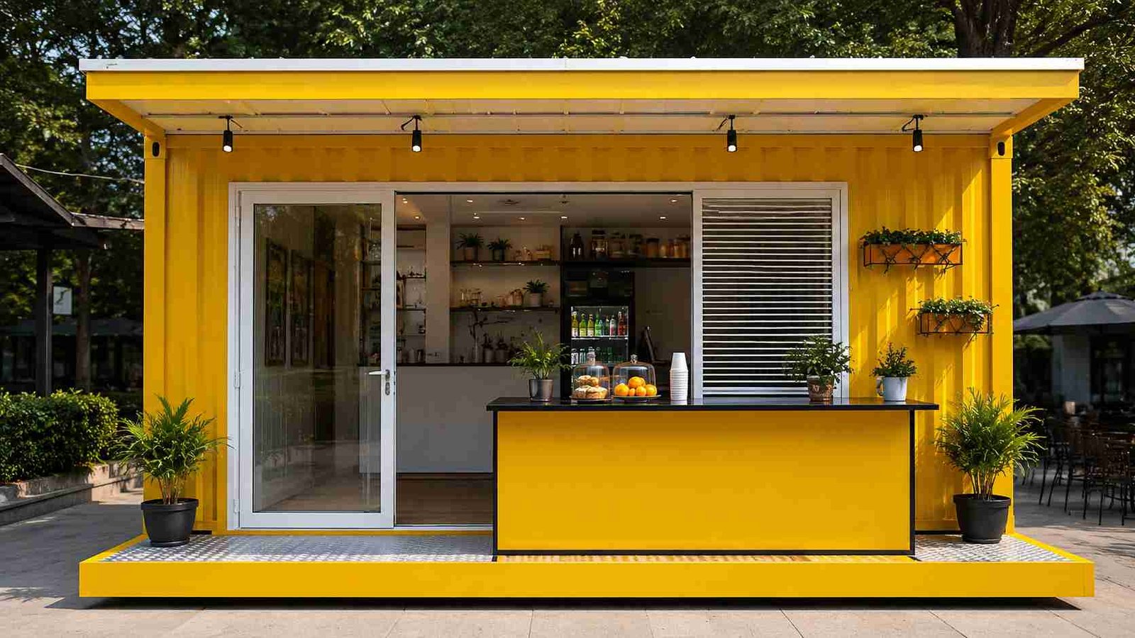 Portable shop cabin permanent outdoor installation — yellow finish, extended canopy roof, sliding glass door, serving counter in park