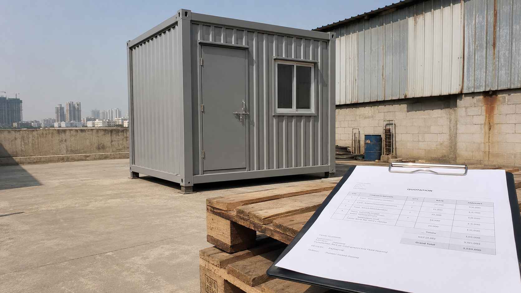 Galvanised silver-grey portable cabin on a concrete pad at an Indian industrial plot with a quote document in foreground.