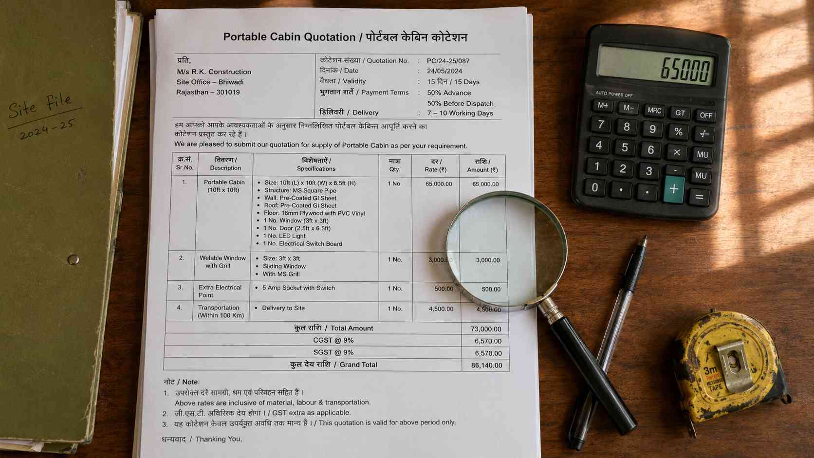  A portable cabin quote being inspected on an Indian MSME desk with magnifying glass, calculator and measuring tape.