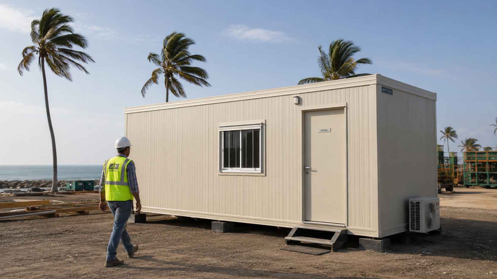 Warm Cream porta cabin with pre-galvanized cladding deployed at a coastal industrial site in southern India near the sea.