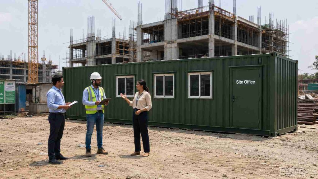 Forest green 40ft container office serving as project site office with project manager, EHS lead and facilities head on a construction site. 