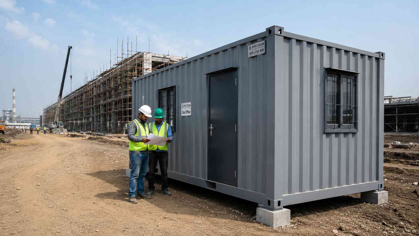 Steel grey 20ft container office freshly placed at an Indian EPC compound with two site engineers consulting drawings.