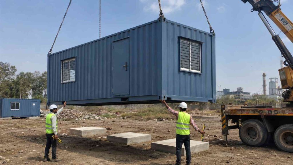 Steel blue 20ft container office being craned onto RCC blocks at an Indian industrial yard with two supervisors guiding placement.