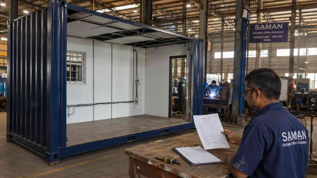 Navy blue container office at SAMAN's Bangalore facility with engineer verifying spec sheet against finished interior.