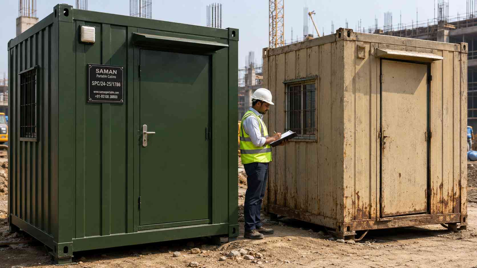 A new Forest Green porta cabin stands beside a weathered Sandstone Beige used cabin on an Indian construction site for comparison.