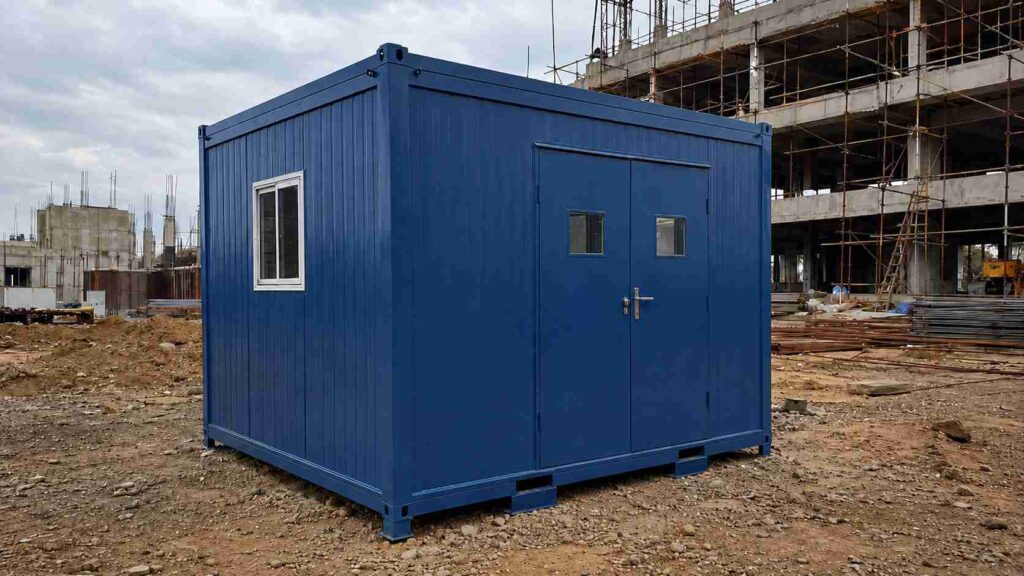 Industrial Blue porta cabin still in structural service after 8 years at an Indian construction site, with intact polyurethane topcoat and clean base frame.