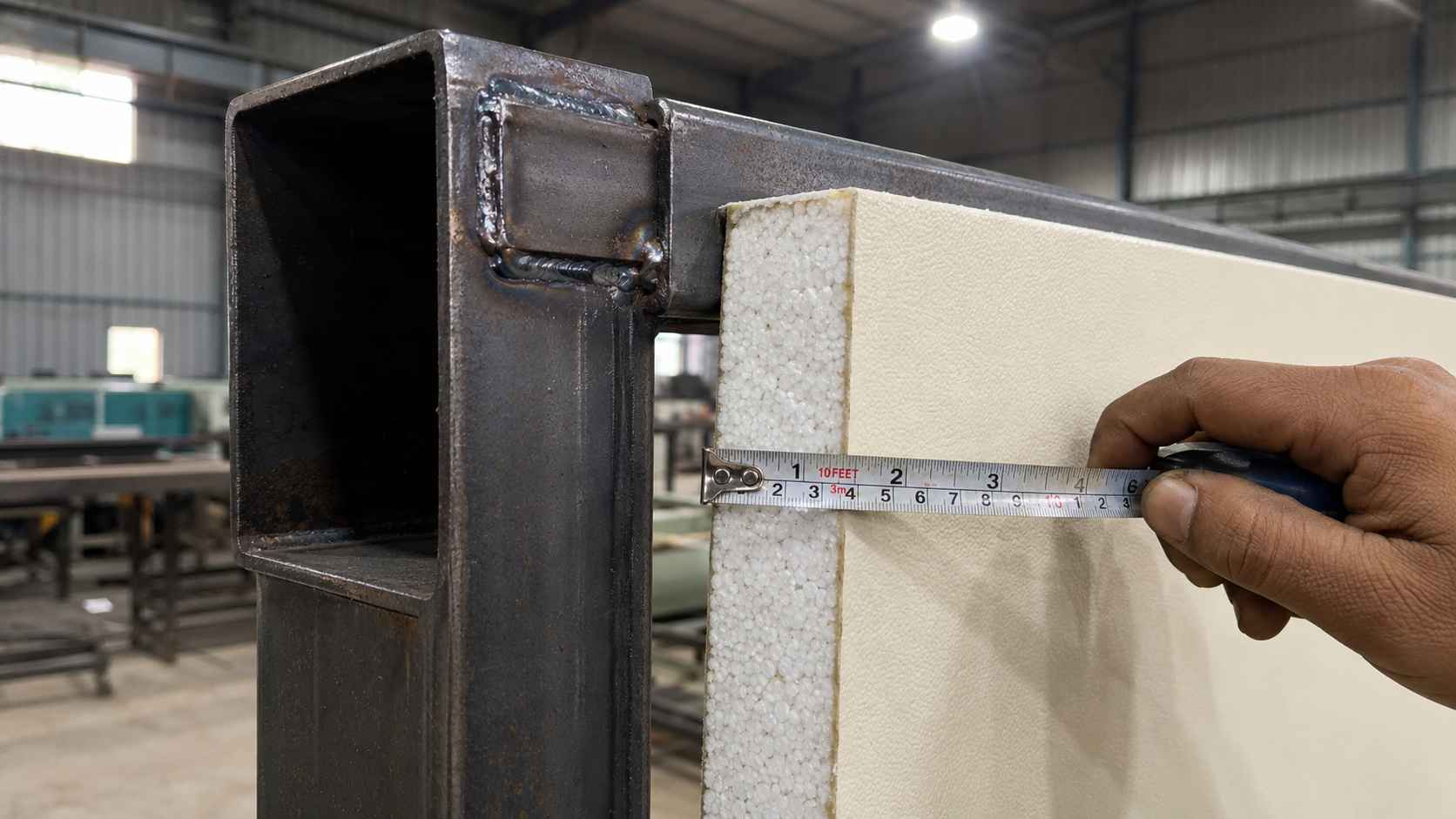MS frame welded joint with 50mm EPS sandwich panel — the structural safety floor for affordable portable cabins.