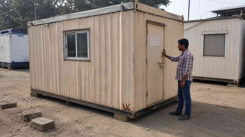 A buyer inspects the door jamb of a weathered Sandstone Beige used porta cabin on an Indian refurbisher's yard.