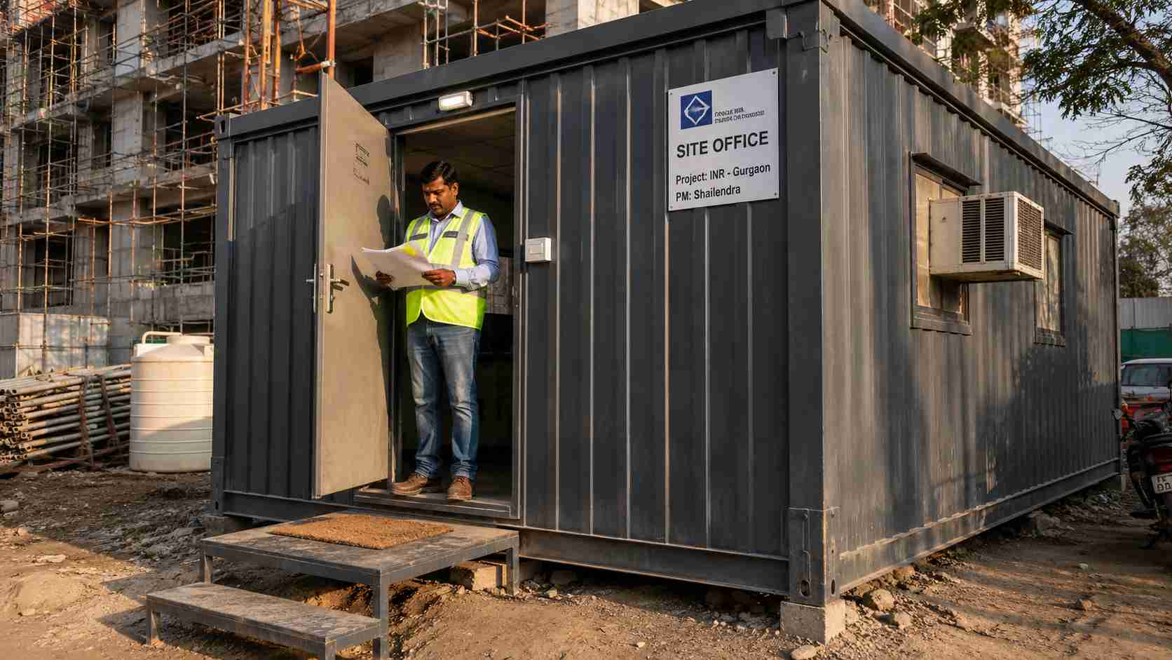 A refurbished Slate Charcoal used porta cabin in service as a project site office in India, project manager at the doorway.