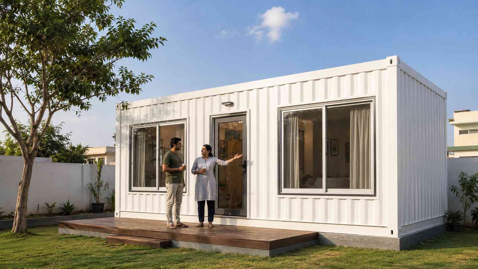 A pure white factory-built SAMAN container house on a suburban Indian residential plot, with two occupants on the front deck.