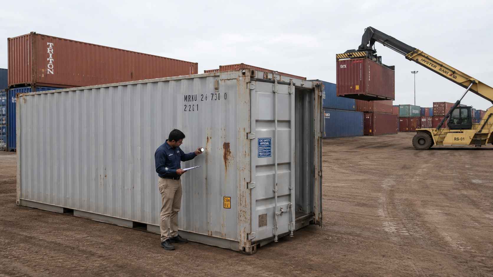 Indian inspector in navy shirt checking a pearl-grey used 20ft shipping container at an inland container yard, clipboard in hand.