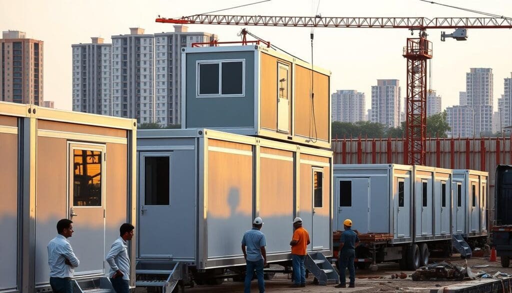 A bustling construction site in Hosur, India, where a fleet of SAMAN Portable cabins stands ready for deployment. In the foreground, workers inspect the sturdy, modular units, their sleek aluminum frames and tinted windows reflecting the warm afternoon sunlight. In the middle ground, a crane lifts a cabin onto the back of a delivery truck, its efficient movement showcasing the portability of these versatile structures. The background features a skyline of high-rise buildings, conveying the commercial and industrial nature of the locale where these SAMAN Portable cabins are in high demand.