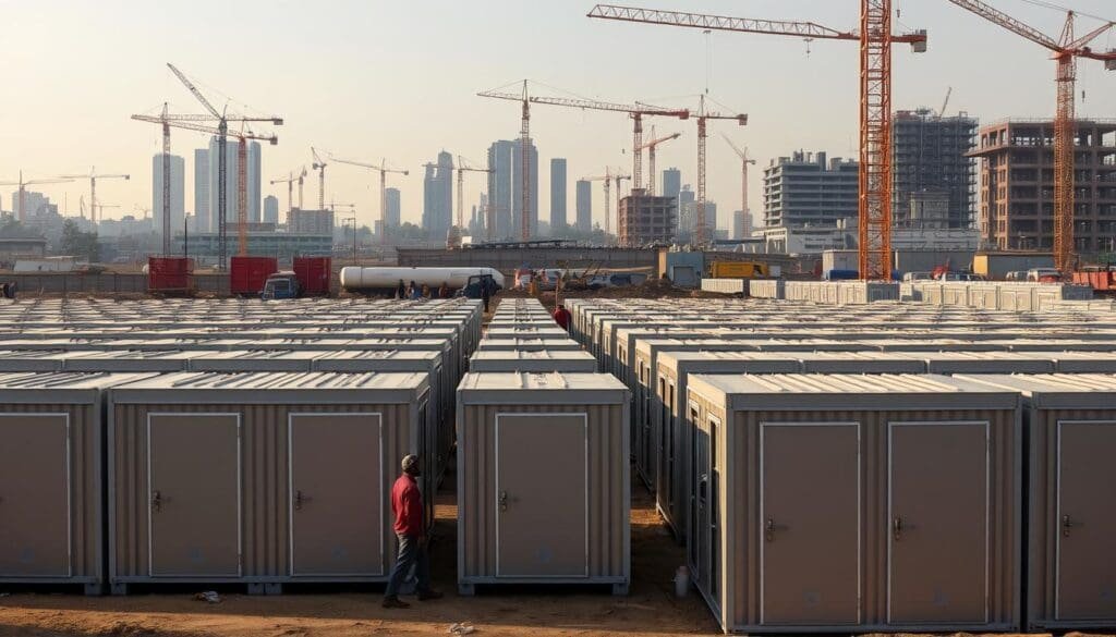 A bustling construction site in Peenya, Karnataka. In the foreground, rows of sturdy SAMAN Portable cabins stand tall, their sleek metal facades reflecting the warm afternoon sun. The cabins are arranged in an organized grid, their compact yet functional designs hinting at their versatility. In the middle ground, workers move about, carrying tools and materials, the scene a testament to the cabins' role in enabling seamless operations. The background features the industrial landscape of Peenya, with towering buildings and cranes reaching skyward, creating a dynamic and vibrant setting. The overall scene conveys a sense of efficiency, functionality, and the pivotal role that portable cabins play in shaping the urban landscape. A bustling construction site in Peenya, Karnataka. In the foreground, rows of sturdy SAMAN Portable cabins stand tall, their sleek metal facades reflecting the warm afternoon sun. The cabins are arranged in an organized grid, their compact yet functional designs hinting at their versatility. In the middle ground, workers move about, carrying tools and materials, the scene a testament to the cabins' role in enabling seamless operations. The background features the industrial landscape of Peenya, with towering buildings and cranes reaching skyward, creating a dynamic and vibrant setting. The overall scene conveys a sense of efficiency, functionality, and the pivotal role that portable cabins play in shaping the urban landscape.
