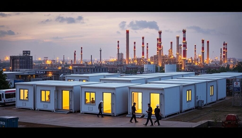 A bustling industrial hub, Peenya's landscape is dotted with SAMAN Portable's sleek, modern porta cabins. Situated against a backdrop of towering factory buildings, these modular structures stand as beacons of efficiency, their clean lines and minimalist design complementing the surrounding architecture. Warm, diffused lighting from the cabins' windows casts a gentle glow, creating a welcoming atmosphere. In the foreground, workers move about, their activities a testament to the seamless operations facilitated by these versatile, adaptable spaces. The overall scene conveys Peenya's status as an ideal location for porta cabin solutions, blending functionality, practicality, and a touch of industrial elegance. A bustling industrial hub, Peenya's landscape is dotted with SAMAN Portable's sleek, modern porta cabins. Situated against a backdrop of towering factory buildings, these modular structures stand as beacons of efficiency, their clean lines and minimalist design complementing the surrounding architecture. Warm, diffused lighting from the cabins' windows casts a gentle glow, creating a welcoming atmosphere. In the foreground, workers move about, their activities a testament to the seamless operations facilitated by these versatile, adaptable spaces. The overall scene conveys Peenya's status as an ideal location for porta cabin solutions, blending functionality, practicality, and a touch of industrial elegance.