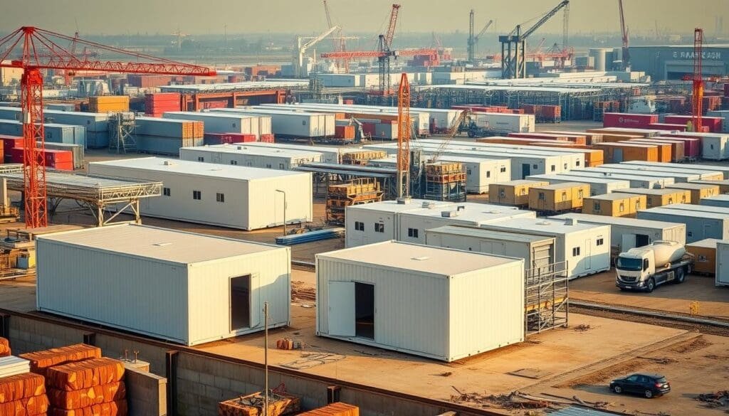 A bustling industrial landscape showcasing the versatile applications of SAMAN Portable's modular portacabins. In the foreground, a construction site where sleek, minimalist portacabins serve as temporary offices and storage units, bathed in warm, natural lighting. In the middle ground, a manufacturing plant utilizing SAMAN's portacabins as flexible workspaces and production facilities, their robust construction visible. In the background, a busy logistics hub where SAMAN's portable units are deployed as mobile command centers and mobile site accommodations, seamlessly integrated with the surrounding activities. The scene conveys the adaptability and practicality of SAMAN Portable's portacabins, perfectly suited for diverse industrial applications.