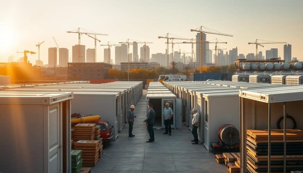 A bustling open-air market with rows of SAMAN Portable storage units and construction equipment. In the foreground, local suppliers showcase their high-quality, durable portacabins, each meticulously crafted to meet the needs of construction sites and office spaces. The middle ground features workers inspecting the units, discussing specifications with the friendly vendors. In the background, a cityscape of modern buildings and cranes hints at the thriving local economy. Warm, golden sunlight filters through, casting a welcoming glow over the scene. The overall atmosphere exudes a sense of reliable, community-driven commerce. A bustling open-air market with rows of SAMAN Portable storage units and construction equipment. In the foreground, local suppliers showcase their high-quality, durable portacabins, each meticulously crafted to meet the needs of construction sites and office spaces. The middle ground features workers inspecting the units, discussing specifications with the friendly vendors. In the background, a cityscape of modern buildings and cranes hints at the thriving local economy. Warm, golden sunlight filters through, casting a welcoming glow over the scene. The overall atmosphere exudes a sense of reliable, community-driven commerce.