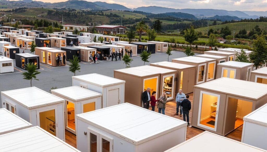 A bustling outdoor market showcasing the latest SAMAN Portable cabin designs. In the foreground, an array of sleek, modern cabins in various sizes and configurations, their clean lines and neutral tones accentuated by warm, diffused lighting. In the middle ground, potential customers examine the cabins, discussing features and layout options. The background reveals a landscape of rolling hills and lush greenery, creating a serene and inviting atmosphere. The scene captures the growing demand for compact, versatile, and durable portable cabin solutions, catering to the needs of both residential and commercial customers. The image conveys the market's dynamism, innovation, and the appeal of SAMAN Portable cabins as a practical and visually striking choice.