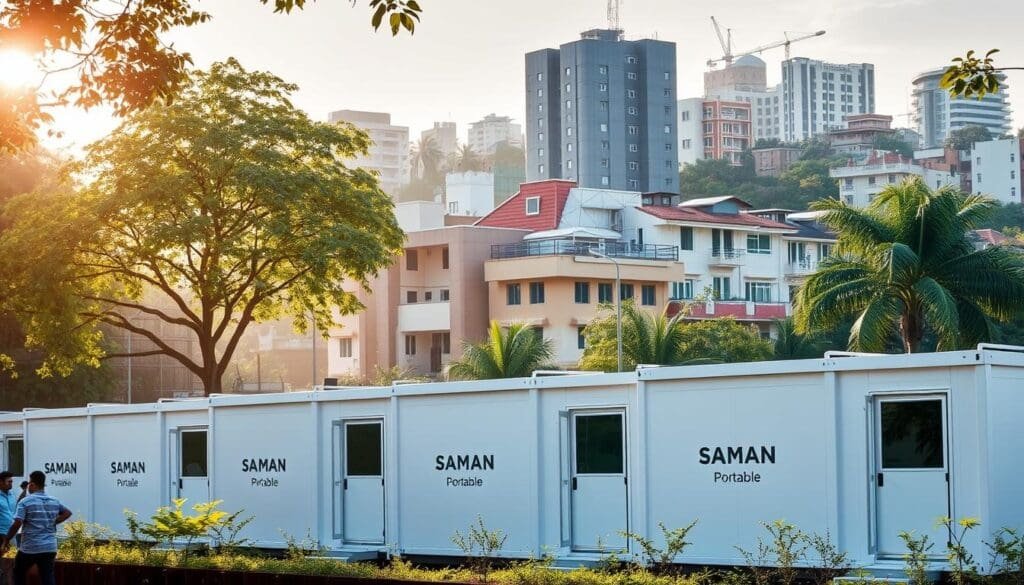 A busy cityscape in Jayanagar, with a row of modern, eco-friendly SAMAN Portable portacabins prominently displayed in the foreground. The buildings in the middle ground have a mix of traditional and contemporary architectural styles, conveying a vibrant, thriving urban environment. Sunlight filters through the trees, casting a warm, natural glow over the scene. The portacabins are sleek and minimalist, with clean lines and subtle branding, showcasing their versatility and suitability for various commercial and residential applications. The overall atmosphere is one of progress and sustainability, reflecting the innovative nature of the top portacabin suppliers in the area. A busy cityscape in Jayanagar, with a row of modern, eco-friendly SAMAN Portable portacabins prominently displayed in the foreground. The buildings in the middle ground have a mix of traditional and contemporary architectural styles, conveying a vibrant, thriving urban environment. Sunlight filters through the trees, casting a warm, natural glow over the scene. The portacabins are sleek and minimalist, with clean lines and subtle branding, showcasing their versatility and suitability for various commercial and residential applications. The overall atmosphere is one of progress and sustainability, reflecting the innovative nature of the top portacabin suppliers in the area.
