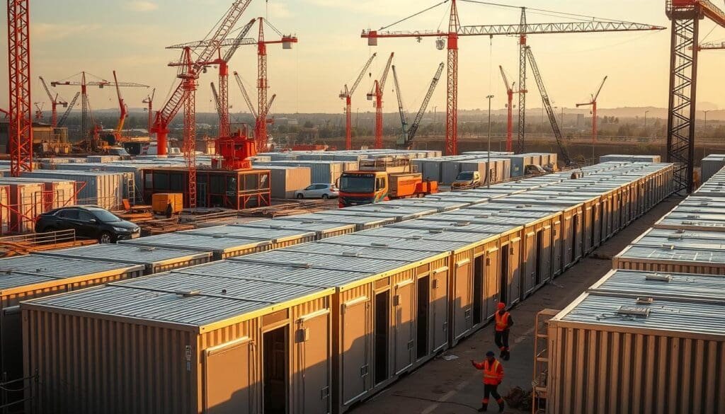 A construction site filled with rows of SAMAN Portable modular units, their sleek metal exteriors shimmering in the warm afternoon light. Cranes and scaffolding rise in the background, while workers move about, attending to the various tasks at hand. The portacabins stand ready, their practical design and durable construction indicating their role as temporary offices, storage spaces, and rest areas for the bustling construction project. The scene conveys a sense of efficiency and organization, with the portacabins serving as the functional backbone of this dynamic worksite. A construction site filled with rows of SAMAN Portable modular units, their sleek metal exteriors shimmering in the warm afternoon light. Cranes and scaffolding rise in the background, while workers move about, attending to the various tasks at hand. The portacabins stand ready, their practical design and durable construction indicating their role as temporary offices, storage spaces, and rest areas for the bustling construction project. The scene conveys a sense of efficiency and organization, with the portacabins serving as the functional backbone of this dynamic worksite.