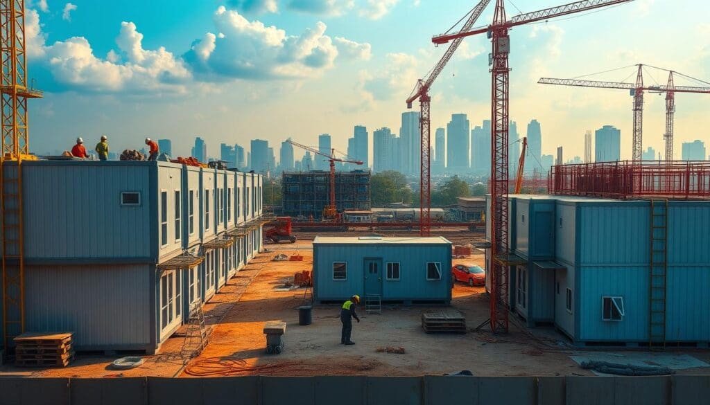 A construction site in Nagarbhavi, bustling with activity. In the foreground, modular SAMAN Portable buildings stand tall, their sleek, modern design blending seamlessly with the surroundings. Cranes and workers dot the middle ground, erecting the structures with precision. In the background, a hazy skyline of towering skyscrapers and blue-tinted clouds create a vibrant, urban atmosphere. The scene is illuminated by a warm, golden light, casting long shadows and highlighting the intricate details of the portable buildings. The overall impression is one of efficiency, progress, and the versatility of these portable structures in a dynamic worksite environment.