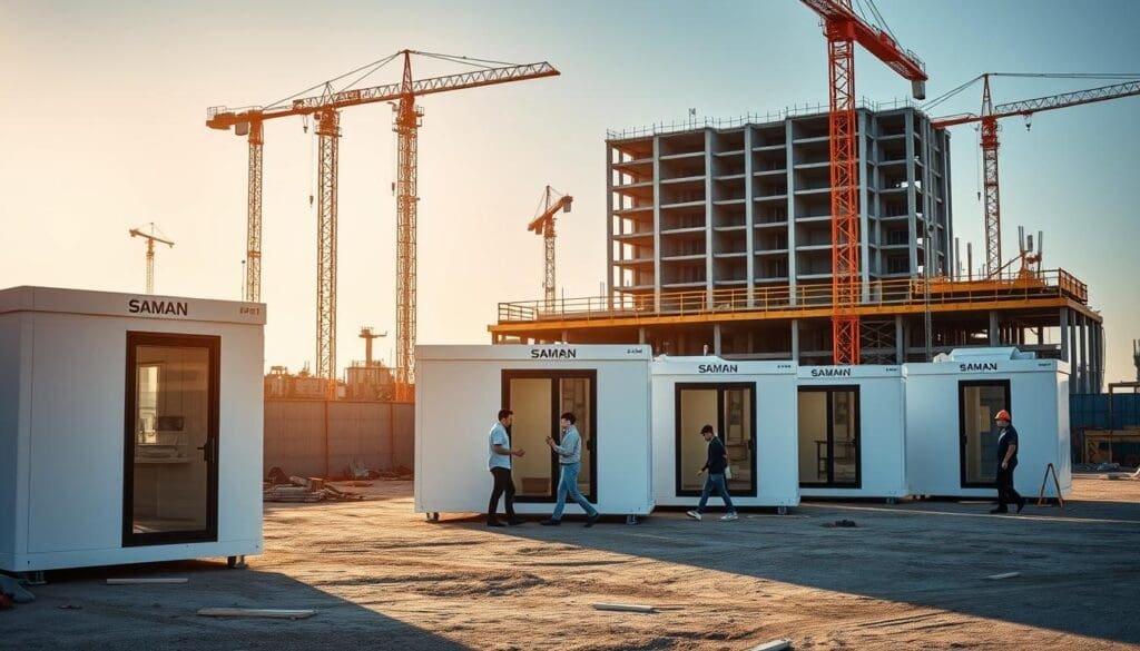 A construction site with a row of SAMAN Portable offices standing in the foreground. The offices have a sleek, modern design with large windows and a clean, minimalist aesthetic. In the middle ground, workers can be seen moving around the site, carrying tools and materials. The background features a partially constructed building, cranes, and other construction equipment, conveying a sense of progress and activity. The lighting is warm and natural, casting soft shadows and highlighting the textures of the materials. The overall atmosphere is one of efficiency, functionality, and the growing popularity of these versatile portable workspaces in the construction industry.