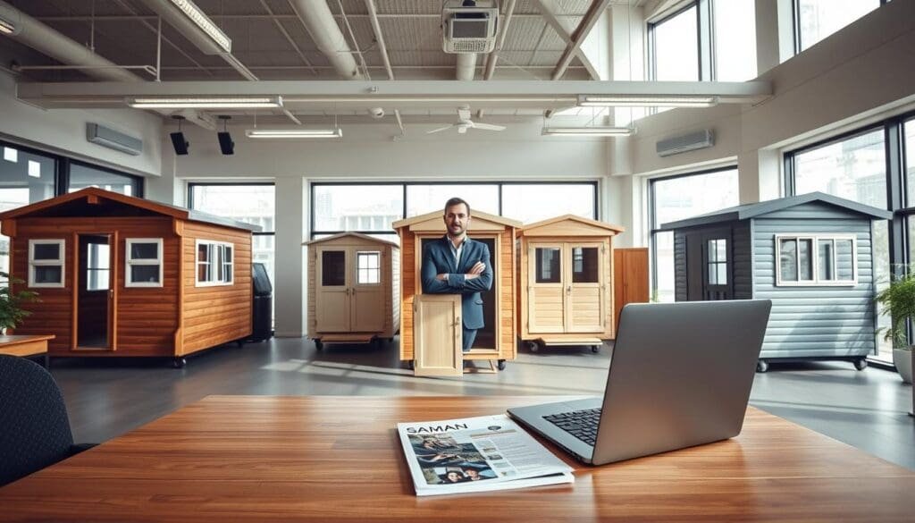 A consultation desk in a modern, well-lit office setting. In the foreground, a wooden desk with a laptop, notepad, and a SAMAN Portable cabin brochure. Behind the desk, an attentive consultant in business attire, ready to discuss the features and benefits of SAMAN Portable cabins. The middle ground showcases various cabin models, each displayed with attention to detail. The background features floor-to-ceiling windows, allowing natural light to flood the space and create a welcoming, professional atmosphere. The overall scene conveys a sense of expertise, guidance, and the reliable quality of SAMAN Portable cabins.