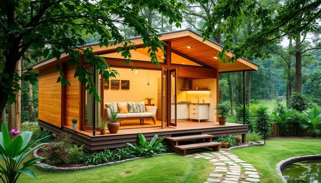 A cozy and well-appointed SAMAN Portable cabin nestled amidst a lush, verdant landscape in Anekal. The cabin features a warm, wooden exterior with large windows that flood the interior with natural light. The spacious porch, adorned with potted plants and a comfy seating area, invites relaxation. Inside, the cabin boasts a minimalist yet functional design, with ample storage solutions and modern amenities. Soft lighting casts a gentle glow, creating a welcoming and serene atmosphere. The cabin appears well-insulated, making it suitable for year-round use. A path leads towards the cabin, surrounded by vibrant foliage and a tranquil pond, suggesting a peaceful, secluded setting.