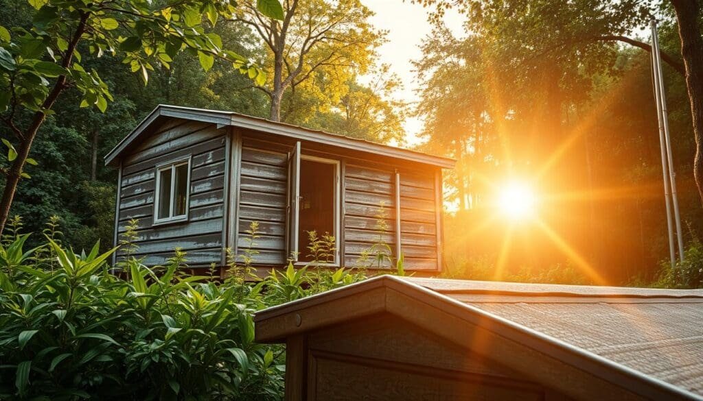A durable SAMAN Portable cabin situated amidst a lush, verdant landscape. The structure stands tall, its weathered exterior panels reflecting the harsh elements they have withstood. Sunlight filters through the cabin's windows, casting a warm, natural glow. The cabin's sturdy frame and secure fasteners suggest its ability to withstand strong winds and heavy rain. In the foreground, a close-up view showcases the cabin's rugged construction, with textured surfaces and seamless joints. The overall scene conveys the cabin's resilience and weatherproofing, perfectly encapsulating the "Durability and Weather Resistance" theme.