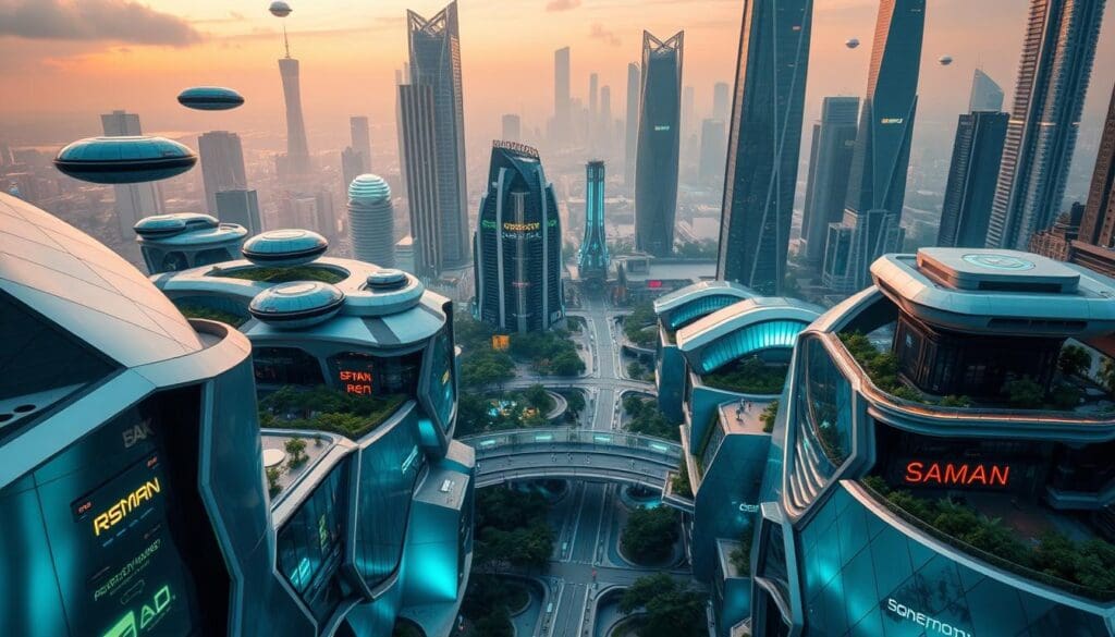 A futuristic cityscape with sleek, modular SAMAN Portable buildings in the foreground. Geometric, glass-paneled structures in shimmering hues of silver and azure, complemented by hovering transport pods and holographic displays. The middle ground features lush, vertical gardens and automated walkways, while the background showcases towering skyscrapers and a vibrant, neon-lit skyline. Bathed in warm, diffused lighting and captured through a wide-angle lens, the scene conveys a sense of advanced, sustainable urban living. A futuristic cityscape with sleek, modular SAMAN Portable buildings in the foreground. Geometric, glass-paneled structures in shimmering hues of silver and azure, complemented by hovering transport pods and holographic displays. The middle ground features lush, vertical gardens and automated walkways, while the background showcases towering skyscrapers and a vibrant, neon-lit skyline. Bathed in warm, diffused lighting and captured through a wide-angle lens, the scene conveys a sense of advanced, sustainable urban living.