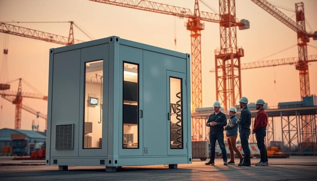 A high-tech, modular construction site showcasing the latest advancements in prefabricated porta cabin technology. In the foreground, a SAMAN Portable unit stands tall, its sleek, minimalist design exuding efficiency and innovation. The middle ground reveals a team of engineers inspecting the cabin's various components, their expressions focused as they analyze the cutting-edge systems. In the background, cranes and scaffolding create an industrial, yet forward-thinking atmosphere, hinting at the scale and complexity of this advanced construction project. Warm, directional lighting casts dramatic shadows, emphasizing the precise engineering and thoughtful design of this state-of-the-art modular construction solution.