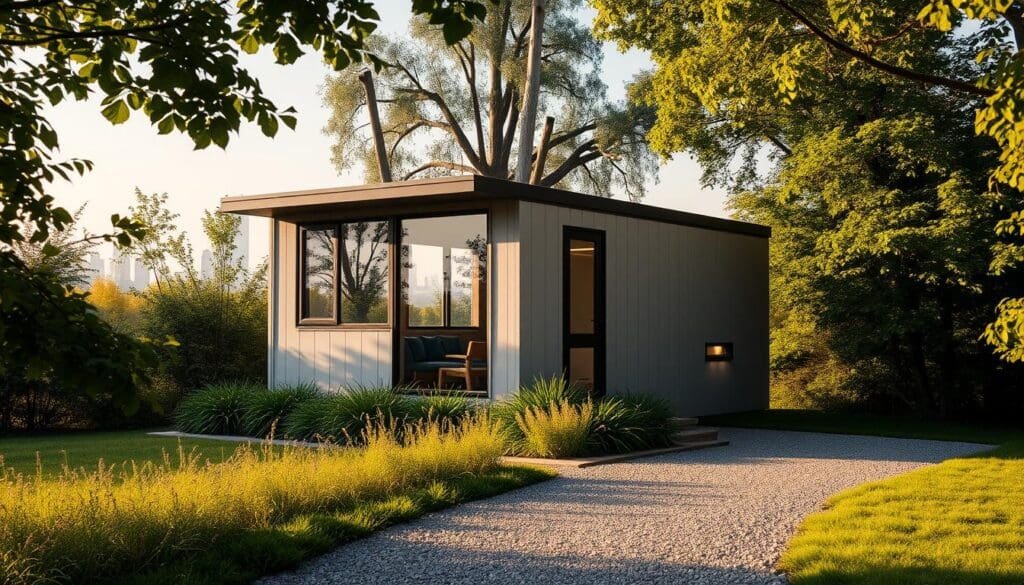 A modern, SAMAN Portable prefabricated cabin stands amidst lush greenery, its sleek design and muted tones blending seamlessly with the natural surroundings. The cabin's facade is adorned with large windows, allowing ample natural light to flood the interior. A mid-morning sun casts warm, soft shadows, accentuating the cabin's clean lines and minimalist aesthetic. In the foreground, a well-maintained gravel path leads towards the cabin's entrance, inviting exploration. The background features a hazy city skyline, subtly hinting at the cabin's urban context within the National Capital Region. The overall scene conveys a sense of modern, cost-effective living in harmony with the environment.