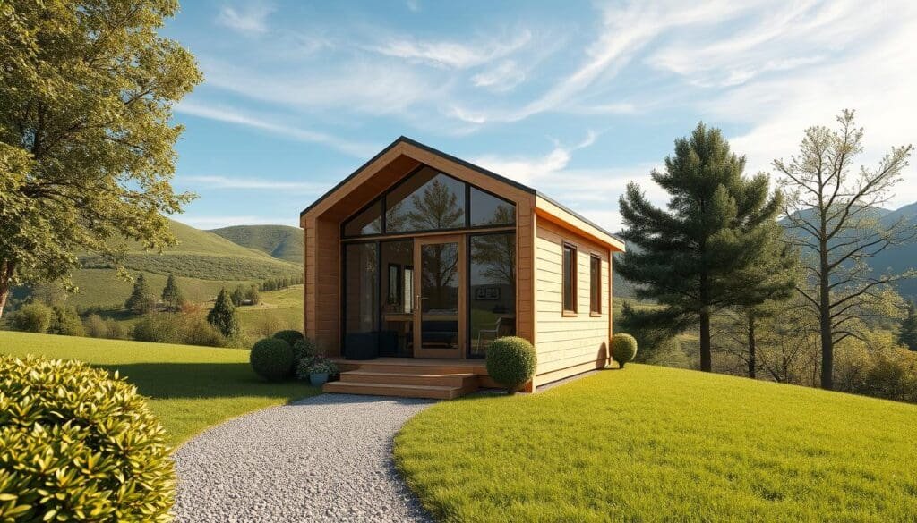 A modern, affordable SAMAN Portable cabin nestled in a lush, verdant landscape. The cabin's clean lines and warm wooden exterior create a cozy, inviting atmosphere. Large windows flood the interior with natural light, and a minimalist, functional design maximizes the compact space. In the foreground, a well-maintained gravel path leads to the cabin's entrance, flanked by neatly trimmed shrubs. The middle ground features rolling hills and tall, swaying trees, casting soft, dappled shadows. In the background, a clear blue sky with wispy clouds completes the serene, peaceful scene. Crisp, high-resolution rendering with a slight wide-angle lens to capture the full scale of the cabin and its natural setting. A modern, affordable SAMAN Portable cabin nestled in a lush, verdant landscape. The cabin's clean lines and warm wooden exterior create a cozy, inviting atmosphere. Large windows flood the interior with natural light, and a minimalist, functional design maximizes the compact space. In the foreground, a well-maintained gravel path leads to the cabin's entrance, flanked by neatly trimmed shrubs. The middle ground features rolling hills and tall, swaying trees, casting soft, dappled shadows. In the background, a clear blue sky with wispy clouds completes the serene, peaceful scene. Crisp, high-resolution rendering with a slight wide-angle lens to capture the full scale of the cabin and its natural setting.