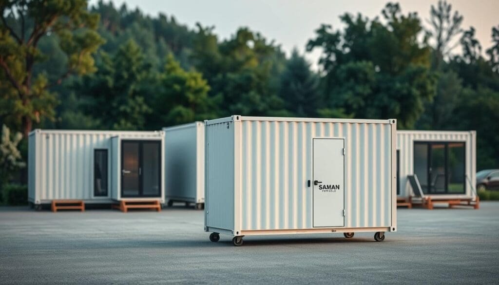A modern and minimalist container office setup, showcasing various sizes and configurations. In the foreground, a sleek and compact SAMAN Portable unit stands out, its clean lines and subtle branding conveying a professional aesthetic. In the middle ground, larger modular container offices are arranged, demonstrating the versatility of this construction method. The background features a serene, natural setting, with lush greenery and a soft, diffused lighting that creates a calming atmosphere. The scene highlights the practical and visually appealing nature of container offices, suitable for a wide range of commercial and office environments.