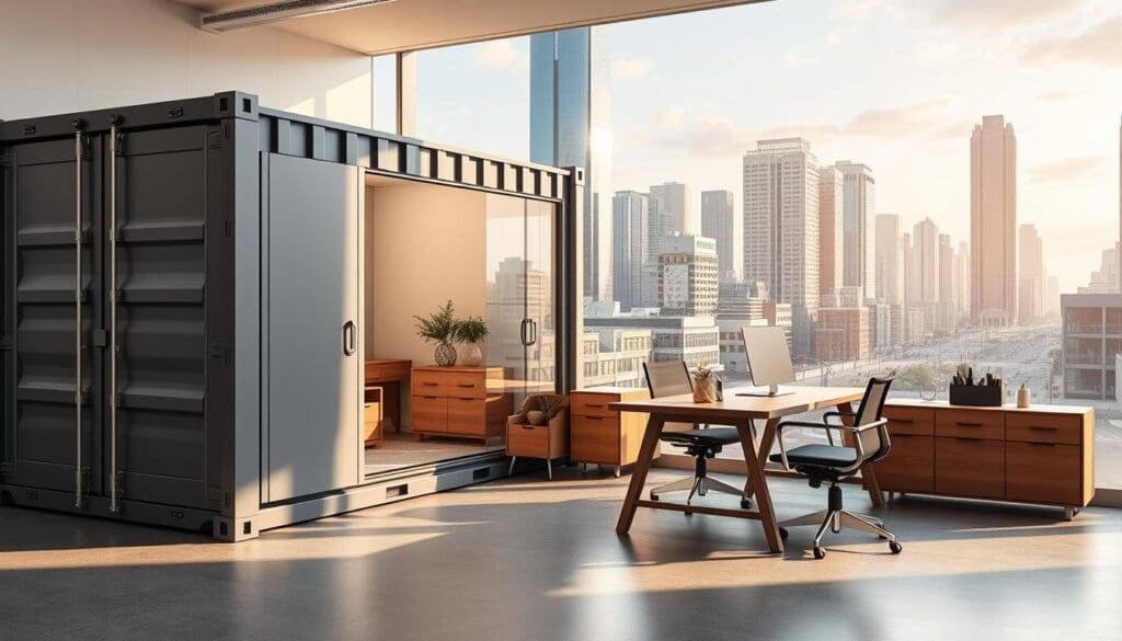 A modern, minimalist office scene showcasing a SAMAN Portable container office. In the foreground, the sleek, gray exterior of the modular container stands prominently, its clean lines and large windows suggesting a professional, cost-effective workspace. The middle ground features a carefully curated selection of contemporary office furniture - a wooden desk, ergonomic chairs, and simple decor elements. Soft, natural lighting filters in, creating a warm, productive atmosphere. In the background, a cityscape of high-rise buildings and bustling streets provides a dynamic urban context, emphasizing the portable office's space-saving and adaptable nature. The overall composition highlights the cost-effective and versatile features of the SAMAN Portable container office solution.