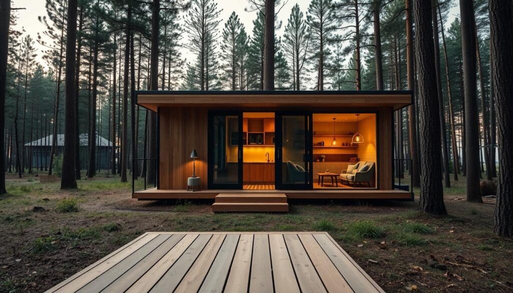 A modern, sleek SAMAN Portable cabin nestled in a serene forest clearing. The cabin's clean lines and warm wooden exterior blend seamlessly with the surrounding nature. Soft, diffused lighting filters through large windows, illuminating the cozy interior furnished with minimalist yet comfortable decor. In the foreground, a wooden deck extends the living space outwards, inviting relaxation amidst the tranquil forest ambiance. The cabin's compact yet versatile design highlights its portability, making it an ideal off-grid retreat or temporary accommodation. Capture the cabin's key features - durability, affordability, and readiness for immediate use - in a picturesque landscape setting.