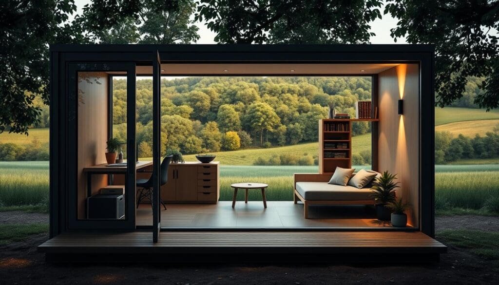 A modern, sleek SAMAN Portable cabin with clean lines and minimalist design. In the foreground, the cabin's exterior features large windows that flood the interior with natural light. The middle ground showcases the cabin's versatile layout, including a workstation, cozy seating area, and efficient storage solutions. In the background, a lush, verdant landscape sets a tranquil, relaxing atmosphere. The scene is illuminated by warm, directional lighting that casts soft shadows, creating a sense of depth and dimension. The overall mood is one of productivity, comfort, and connection with nature, perfectly capturing the best features of this portable cabin. A modern, sleek SAMAN Portable cabin with clean lines and minimalist design. In the foreground, the cabin's exterior features large windows that flood the interior with natural light. The middle ground showcases the cabin's versatile layout, including a workstation, cozy seating area, and efficient storage solutions. In the background, a lush, verdant landscape sets a tranquil, relaxing atmosphere. The scene is illuminated by warm, directional lighting that casts soft shadows, creating a sense of depth and dimension. The overall mood is one of productivity, comfort, and connection with nature, perfectly capturing the best features of this portable cabin.