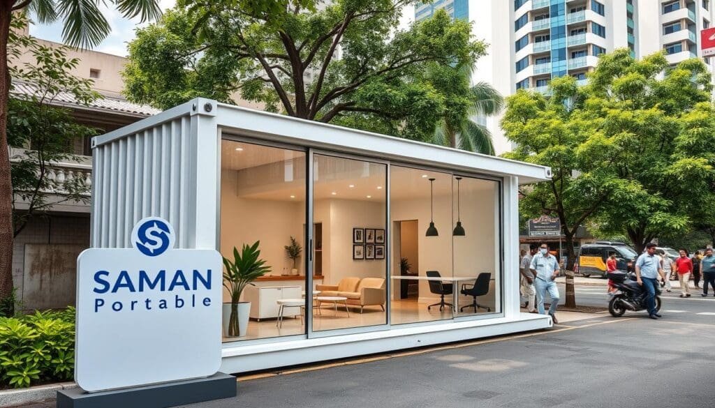 A modern, sleek container office building nestled in the bustling RT Nagar neighborhood. The exterior features a clean, minimalist design with large windows that flood the interior with natural light. In the foreground, the SAMAN Portable logo stands prominently, showcasing the high-quality modular construction. The middle ground showcases the spacious, open-plan layout with minimalist furniture and modern decor, creating a professional yet comfortable atmosphere. The background depicts the vibrant surroundings of RT Nagar, with lush greenery and bustling city life, highlighting the convenient location of these container offices.