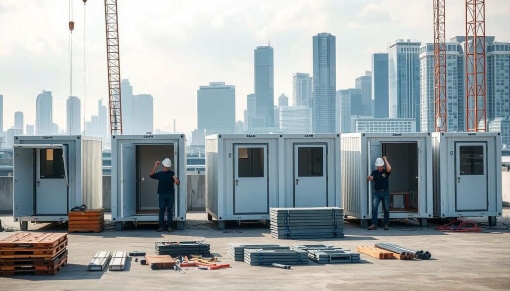 A modern, well-lit construction site with a group of SAMAN Portable container offices being swiftly installed. In the foreground, workers expertly maneuver the modular units into place, showcasing the seamless assembly process. The middle ground features neatly stacked components and tools, conveying the efficiency of the setup. In the background, a backdrop of a bustling urban landscape with towering skyscrapers sets the scene. The overall atmosphere is one of organized productivity, highlighting the quick and professional installation capabilities of the SAMAN Portable container offices.