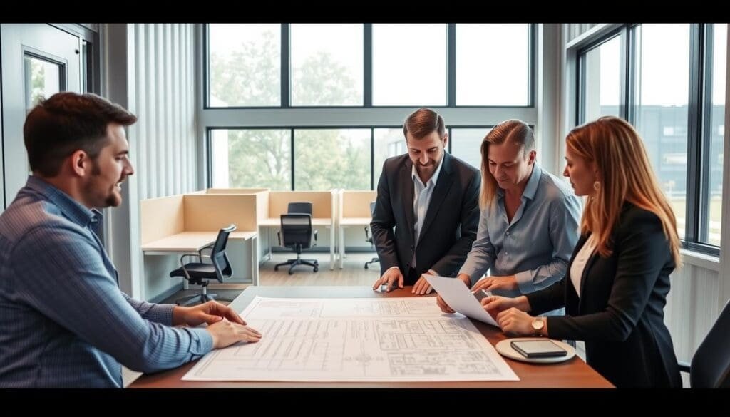 A modern, well-lit interior of a SAMAN Portable container office space. In the foreground, a group of professionals evaluating floor plans and design options on a table, their expressions thoughtful. The middle ground showcases the flexible, modular layout with partitions, desks, and ergonomic chairs. In the background, large windows provide ample natural light, creating an airy, productive atmosphere. The overall scene conveys a sense of careful consideration and selection of the ideal portable container office solution for the client's needs.
