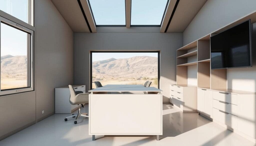 A modern, well-lit interior of a SAMAN Portable office cabin with a sleek, minimalist design. The cabin features large windows that allow natural light to flood the space, creating a bright and airy atmosphere. The cabin is furnished with a minimalist desk, comfortable chairs, and storage shelves, all in a neutral color palette that exudes a sense of professionalism and productivity. The middle ground showcases the cabin's modular construction, highlighting its portability and versatility. In the background, there is a picturesque outdoor setting, suggesting the cabin's suitability for various applications, from remote work to on-site construction offices.