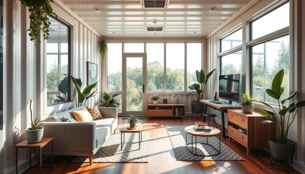 A modern, well-lit interior of a sustainable container office showcasing SAMAN Portable's innovative container solutions. The space features large windows, ample natural lighting, and thoughtfully curated furnishings made from repurposed materials. Greenery and potted plants add a touch of nature, while sleek, minimalist decor conveys a sense of environmental consciousness. The container's durable construction and energy-efficient design are prominently displayed, highlighting its suitability for various sectors. A warm, inviting atmosphere pervades the scene, demonstrating the livability and adaptability of SAMAN Portable's sustainable container offices.